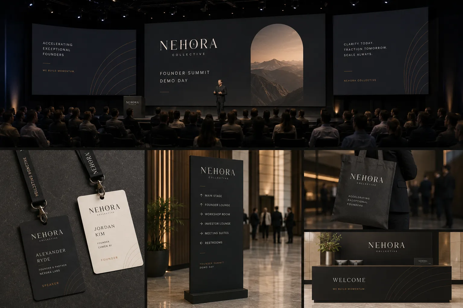 Nehora Collective event signage, passes, and presentation screen studies