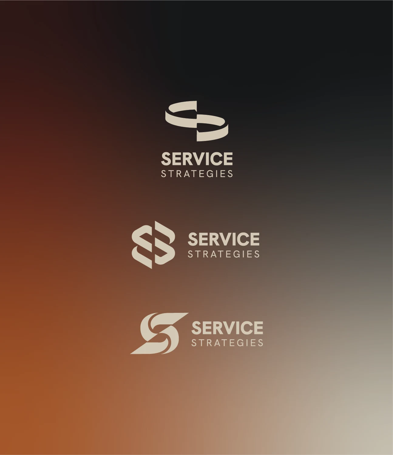 Service Strategies logo lockups over a warm earth-tone gradient